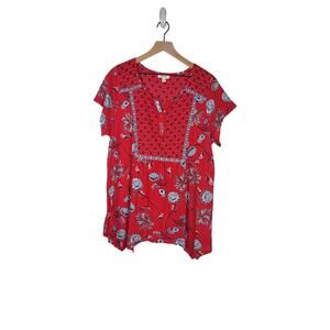 Style & Co Women's Plus Sz 2X Red Floral Boho Print Sharkbite Hem Shirt